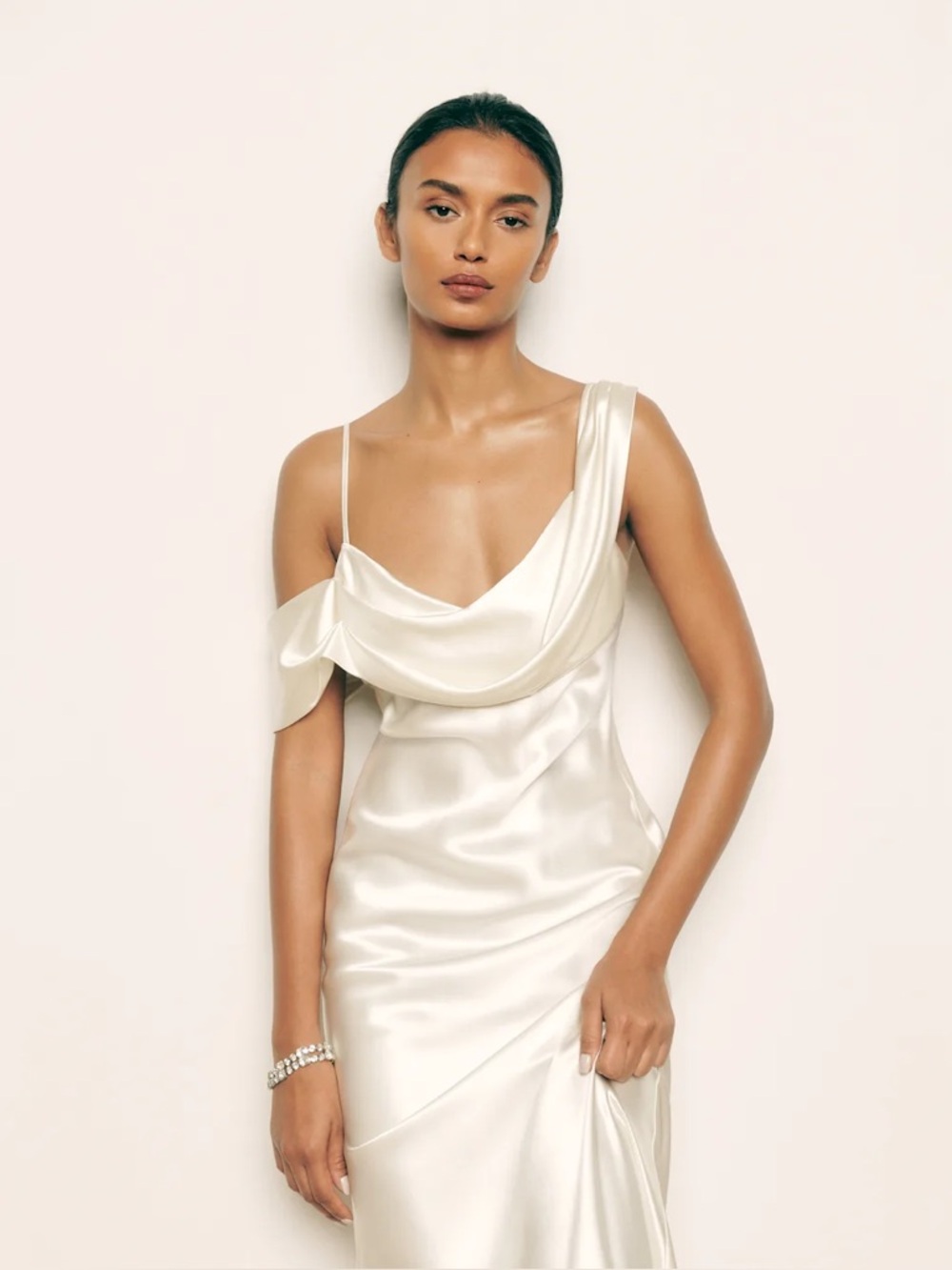Reformation Ronda Ivory One-Shoulder Silk Draped Gown Dress Wedding - Picture 3 of 12